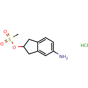 Chemical structure of 5-amino-2,3-dihydro-1H-inden-2-yl methanesulfonate hydrochloride , CAS 2058116-62-2, AChemBlock Y219291