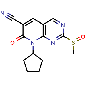 Chemical structure of 8-cyclopentyl-2-(methylsulfinyl)-7-oxo-7,8-dihydropyrido[2,3-d]pyrimidine-6-carbonitrile , CAS 1610369-49-7, AChemBlock Y219297