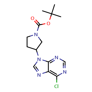 Chemical structure of tert-butyl 3-(6-chloro-9H-purin-9-yl)pyrrolidine-1-carboxylate , CAS 945896-09-3, AChemBlock Y219298