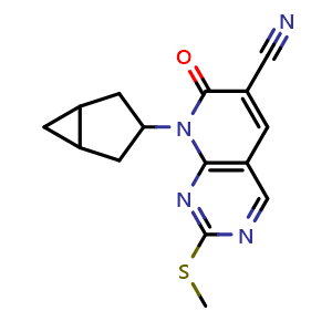 Chemical structure of 8-(bicyclo[3.1.0]hexan-3-yl)-2-(methylthio)-7-oxo-7,8-dihydropyrido[2,3-d]pyrimidine-6-carbonitrile , CAS 2577379-48-5, AChemBlock Y219302
