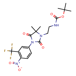 Chemical structure of tert-butyl (2-(5,5-dimethyl-3-(4-nitro-3-(trifluoromethyl)phenyl)-2,4-dioxoimidazolidin-1-yl)ethyl)carbamate , CAS 2551108-22-4, AChemBlock Y219311