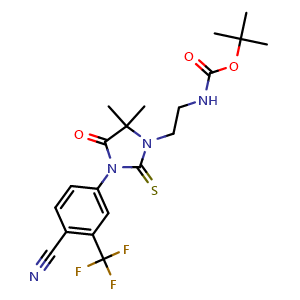 Chemical structure of tert-butyl (2-(3-(4-cyano-3-(trifluoromethyl)phenyl)-5,5-dimethyl-4-oxo-2-thioxoimidazolidin-1-yl)ethyl)carbamate , CAS 186798-65-2, AChemBlock Y219314