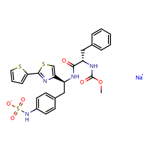 Chemical structure of sodium (4-((S)-2-((S)-2-((methoxycarbonyl)amino)-3-phenylpropanamido)-2-(2-(thiophen-2-yl)thiazol-4-yl)ethyl)phenyl)sulfamate , CAS 1809275-69-1, AChemBlock Y219321