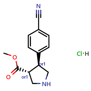 Chemical structure of trans-Methyl 4-(4-cyanophenyl)pyrrolidine-3-carboxylate hydrochloride , CAS 3026595-75-2, AChemBlock Y219365