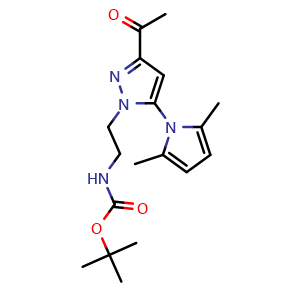 Chemical structure of tert-butyl 2-(3-acetyl-5-(2,5-dimethyl-1H-pyrrol-1-yl)-1H-pyrazol-1-yl)ethylcarbamate , CAS 3026696-68-1, AChemBlock Y219429