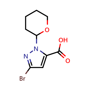 Chemical structure of 5-bromo-2-tetrahydropyran-2-yl-pyrazole-3-carboxylic acid , CAS 2127110-36-3, AChemBlock Y219473
