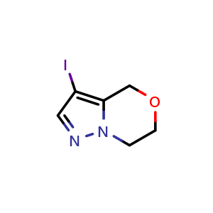 Chemical structure of 3-iodo-4H,6H,7H-pyrazolo[3,2-c][1,4]oxazine , CAS 2057507-04-5, AChemBlock Y219475