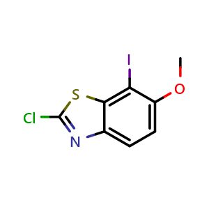 Chemical structure of 2-chloro-7-iodo-6-methoxy-1,3-benzothiazole , CAS 2385613-49-8, AChemBlock Y219482