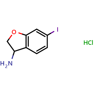 Chemical structure of 6-iodo-2,3-dihydrobenzofuran-3-amine hydrochloride , CAS 2970214-26-5, AChemBlock Y219507