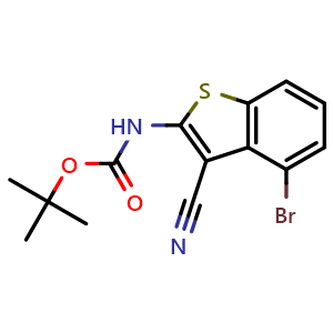 Chemical structure of tert-butyl N-(4-bromo-3-cyano-benzothiophen-2-yl)carbamate , CAS 2649788-75-8, AChemBlock Y219605