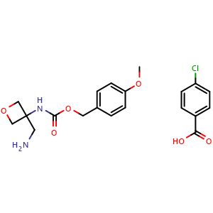 Chemical structure of 4-chlorobenzoic acid;(4-methoxyphenyl)methyl N-[3-(aminomethyl)oxetan-3-yl]carbamate , CAS 1802048-97-0, AChemBlock Y219608