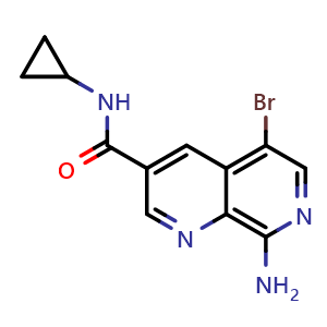 Chemical structure of 8-amino-5-bromo-N-cyclopropyl-1,7-naphthyridine-3-carboxamide , CAS 2410309-66-7, AChemBlock Y219614