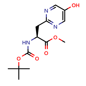 Chemical structure of methyl (2S)-2-(tert-butoxycarbonylamino)-3-(5-hydroxypyrimidin-2-yl)propanoate , CAS 1204139-63-8, AChemBlock Y219647