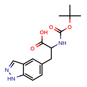 Chemical structure of 2-(tert-butoxycarbonylamino)-3-(1H-indazol-5-yl)propanoic acid , CAS 1628604-25-0, AChemBlock Y219649
