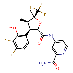 Chemical structure of 4-[[(2S,3R,4R,5S)-3-(3,4-difluoro-2-methoxy-phenyl)-4,5-dimethyl-5-(trifluoromethyl)tetrahydrofuran-2-carbonyl]amino]pyridine-2-carboxamide , CAS 2649467-57-0, AChemBlock Y219652