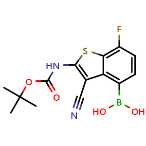 Chemical structure of [2-(tert-butoxycarbonylamino)-3-cyano-7-fluoro-benzothiophen-4-yl]boronic acid , CAS 2892621-47-3, AChemBlock Y219673