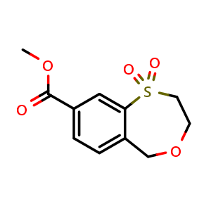 Chemical structure of methyl 1,1-dioxo-3,5-dihydro-2H-4,1benzoxathiepine-8-carboxylate , CAS 2940948-09-2, AChemBlock Y219680