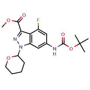 Chemical structure of methyl 6-(tert-butoxycarbonylamino)-4-fluoro-1-tetrahydropyran-2-yl-indazole-3-carboxylate , CAS 2970213-98-8, AChemBlock Y219688