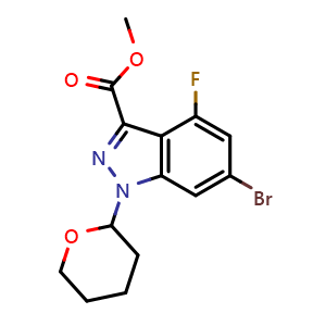 Chemical structure of methyl 6-bromo-4-fluoro-1-tetrahydropyran-2-yl-indazole-3-carboxylate , CAS 2970214-46-9, AChemBlock Y219689