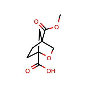 Chemical structure of 4-methoxycarbonyl-2-oxabicyclo[2.2.1]heptane-1-carboxylic acid , CAS 2418692-24-5, AChemBlock Y219709