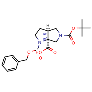 Chemical structure of cis-1-benzyloxycarbonyl-5-tert-butoxycarbonyl-3,3a,4,6-tetrahydro-2H-pyrrolo[3,4-b]pyrrole-6a-carboxylic acid , CAS 2566174-97-6, AChemBlock Y219727
