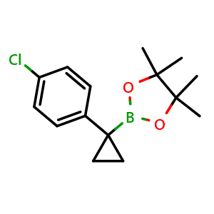 Chemical structure of 2-[1-(4-chlorophenyl)cyclopropyl]-4,4,5,5-tetramethyl-1,3,2-dioxaborolane , CAS 2222866-65-9, AChemBlock Y219729