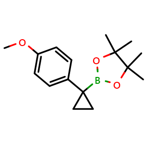 Chemical structure of 2-[1-(4-methoxyphenyl)cyclopropyl]-4,4,5,5-tetramethyl-1,3,2-dioxaborolane , CAS 2222866-62-6, AChemBlock Y219730