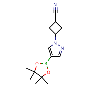Chemical structure of 3-[4-(4,4,5,5-tetramethyl-1,3,2-dioxaborolan-2-yl)pyrazol-1-yl]cyclobutanecarbonitrile , CAS 2612300-95-3, AChemBlock Y219732
