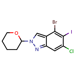 Chemical structure of 4-bromo-6-chloro-5-iodo-2-tetrahydropyran-2-yl-indazole , CAS 2940944-24-9, AChemBlock Y219751