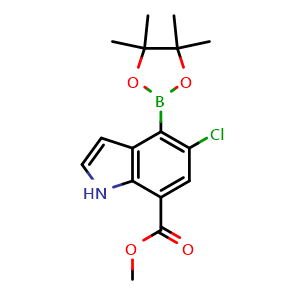 Chemical structure of methyl 5-chloro-4-(4,4,5,5-tetramethyl-1,3,2-dioxaborolan-2-yl)-1H-indole-7-carboxylate , AChemBlock Y219758