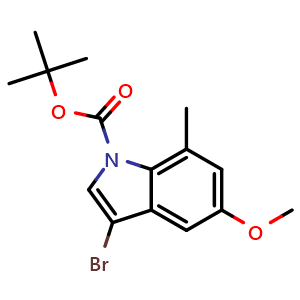 Chemical structure of tert-butyl 3-bromo-5-methoxy-7-methyl-indole-1-carboxylate , CAS 2955551-54-7, AChemBlock Y219761