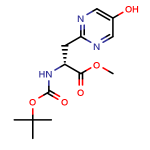 Chemical structure of methyl (2R)-2-(tert-butoxycarbonylamino)-3-(5-hydroxypyrimidin-2-yl)propanoate , CAS 2969617-44-3, AChemBlock Y219798