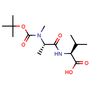 Chemical structure of (S)-2-((S)-2-((tert-Butoxycarbonyl)(methyl)amino)propanamido)-3-methylbutanoic acid , CAS 876622-63-8, AChemBlock Y219812