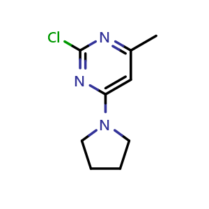 Chemical structure of 2-Chloro-4-methyl-6-(pyrrolidin-1-yl)pyrimidine , CAS 425425-25-8, AChemBlock Y219889