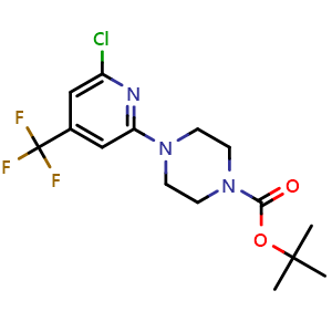 Chemical structure of Tert-butyl 4-(6-chloro-4-(trifluoromethyl)pyridin-2-yl)piperazine-1-carboxylate , CAS 1201675-03-7, AChemBlock Y219962