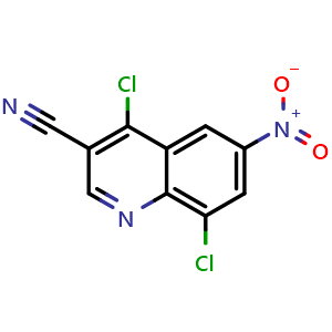 Chemical structure of 4,8-Dichloro-6-nitroquinoline-3-carbonitrile , CAS 915369-46-9, AChemBlock Y220074