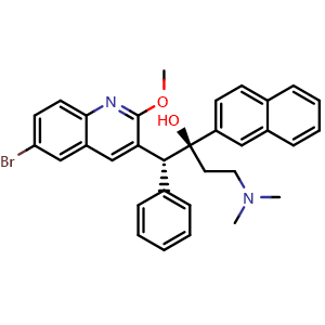 Chemical structure of (1R,2S)-1-(6-bromo-2-methoxyquinolin-3-yl)-4-(dimethylamino)-2-(naphthalen-2-yl)-1-phenylbutan-2-ol , CAS 654653-95-9, AChemBlock Y220129