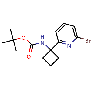 Chemical structure of tert-Butyl (1-(6-bromopyridin-2-yl)cyclobutyl)carbamate , CAS 1841081-49-9, AChemBlock Y220192