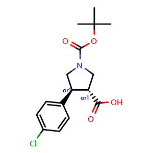 Chemical structure of trans-1-Boc-4-(4-chlorophenyl)-pyrrolidine-3-carboxylic acid , CAS 851485-00-2, AChemBlock Y220218
