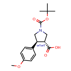 Chemical structure of 1,1-Dimethylethyl trans-3-carboxy-4-(4-methoxyphenyl)pyrrolidine-1-carboxylate , CAS 1000415-75-7, AChemBlock Y220219