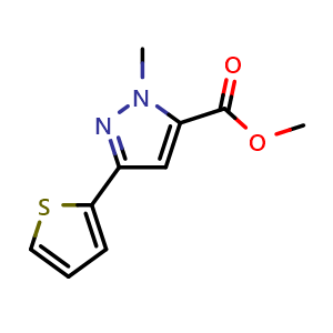 Chemical structure of Methyl 1-methyl-3-(thiophen-2-yl)-1H-pyrazole-5-carboxylate , CAS 876316-95-9, AChemBlock Y220270