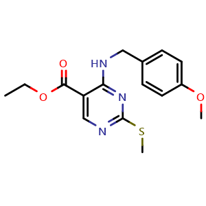 Chemical structure of Ethyl 4-((4-methoxybenzyl)amino)-2-(methylthio)pyrimidine-5-carboxylate , CAS 211230-35-2, AChemBlock Y220323
