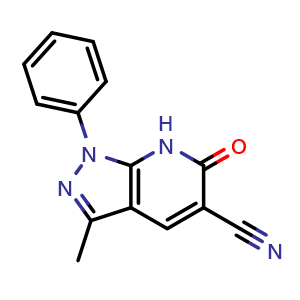 Chemical structure of 3-Methyl-6-oxo-1-phenyl-6,7-dihydro-1H-pyrazolo[3,4-b]pyridine-5-carbonitrile , CAS 52217-38-6, AChemBlock Y220394