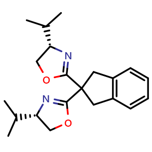 Chemical structure of (4S,4'S)-2,2'-(1,3-Dihydro-2H-inden-2-ylidene)bis[4,5-dihydro-4-isopropyloxazole] , CAS 2757082-01-0, AChemBlock Y220412