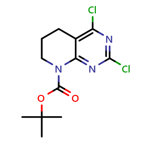 Chemical structure of tert-Butyl 2,4-dichloro-6,7-dihydropyrido[2,3-d]pyrimidine-8(5H)-carboxylate , CAS 1698477-92-7, AChemBlock Y220418