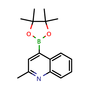 Chemical structure of 2-Methyl-4-(4,4,5,5-tetramethyl-1,3,2-dioxaborolan-2-yl)quinoline , CAS 1627721-83-8, AChemBlock Y220425
