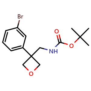 Chemical structure of tert-Butyl ((3-(3-bromophenyl)oxetan-3-yl)methyl)carbamate , CAS 1160502-43-1, AChemBlock Y220459