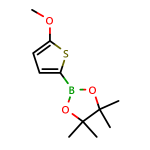 Chemical structure of 2-(5-Methoxythiophen-2-yl)-4,4,5,5-tetramethyl-1,3,2-dioxaborolane , CAS 596819-12-4, AChemBlock Y220581