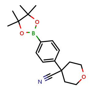 Chemical structure of 4-(4-(4,4,5,5-Tetramethyl-1,3,2-dioxaborolan-2-yl)phenyl)tetrahydro-2H-pyran-4-carbonitrile , CAS 1206640-91-6, AChemBlock Y220841