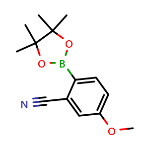 Chemical structure of 5-methoxy-2-(4,4,5,5-tetramethyl-1,3,2-dioxaborolan-2-yl)benzonitrile , CAS 1116097-04-1, AChemBlock Y220842